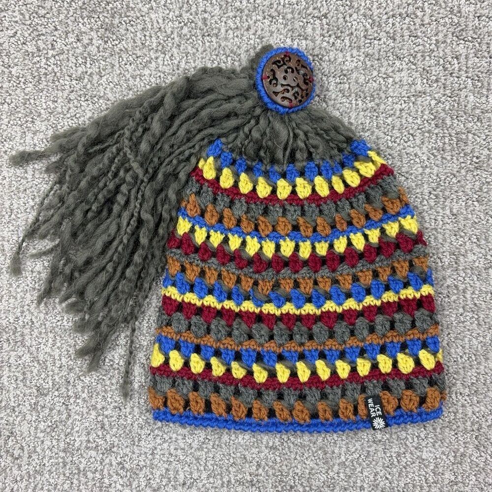 Icewear Beanie Hat Womens One Size Multicolor Crochet Tassel Wool Lined Iceland